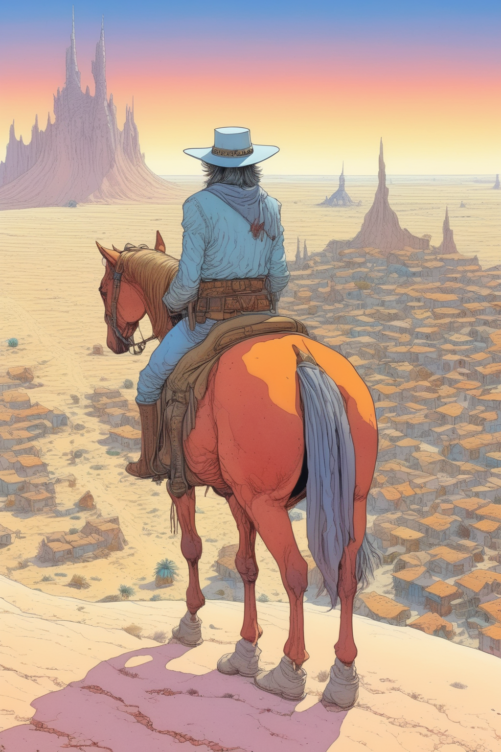 00441-1270425106-_lora_Moebius (Jean Giraud) Style_1_Moebius (Jean Giraud) Style - A cowboy traveler with a hat sits on a horse in the middle of.png